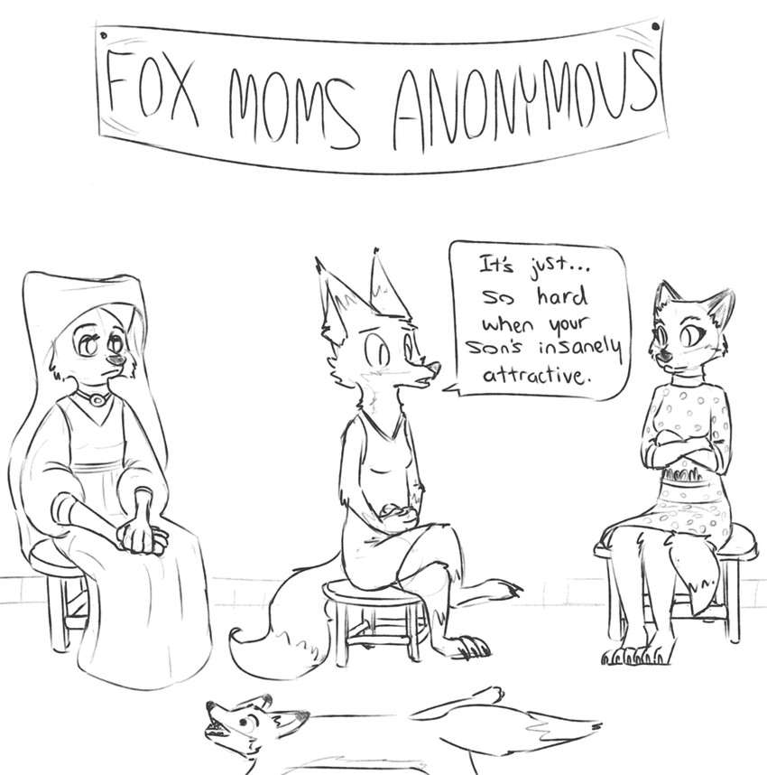 anthro clothed clothing crossed_arms crossed_legs dialogue female fully_clothed fur group implied_incest mature_anthro mature_female sitting speech_bubble text visiti disney fantastic_mr._fox robin_hood_(disney) zootopia maid_marian mrs._felicity_fox mrs._wilde canid canine fox mammal red_fox true_fox english_text monochrome