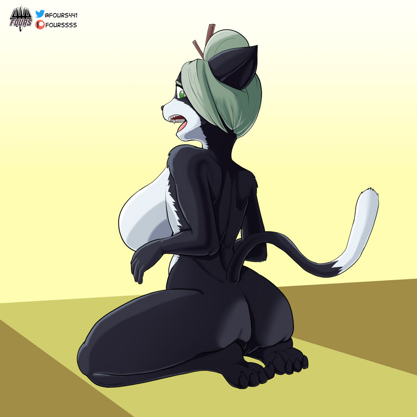 accessory anthro big_breasts black_body black_fur breasts butt female fur green_eyes hair hair_accessory kneeling looking_back nude solo white_hair fourssss bittersweet_candy_bowl jasmine_(bcb) domestic_cat felid feline felis mammal 1:1 2020 hi_res