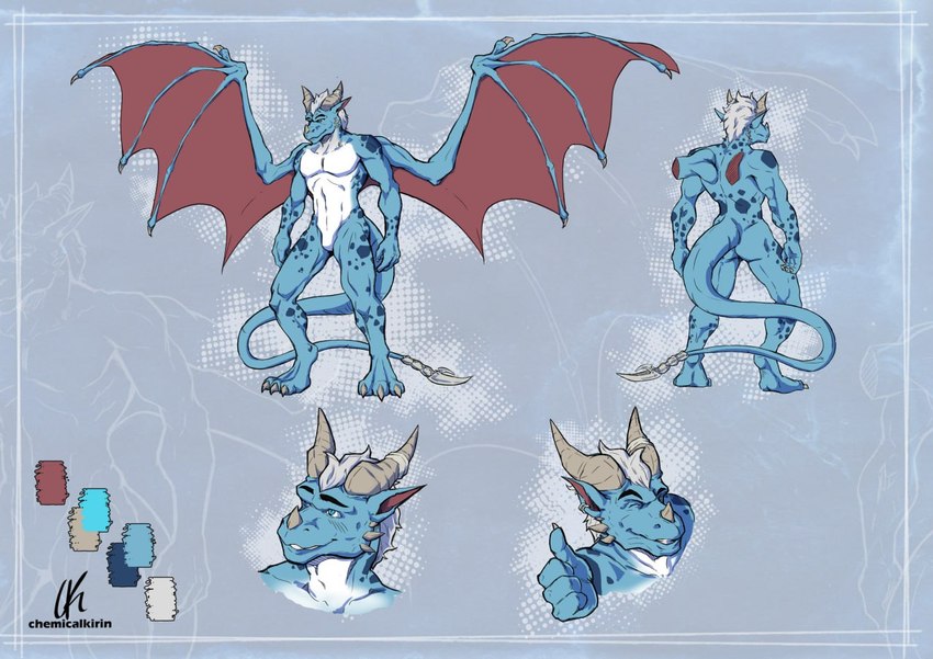 claws hair horn male muscular pecs solo spots tail wings chemicalkirin mythology dragon mythological_creature mythological_scalie scalie model_sheet