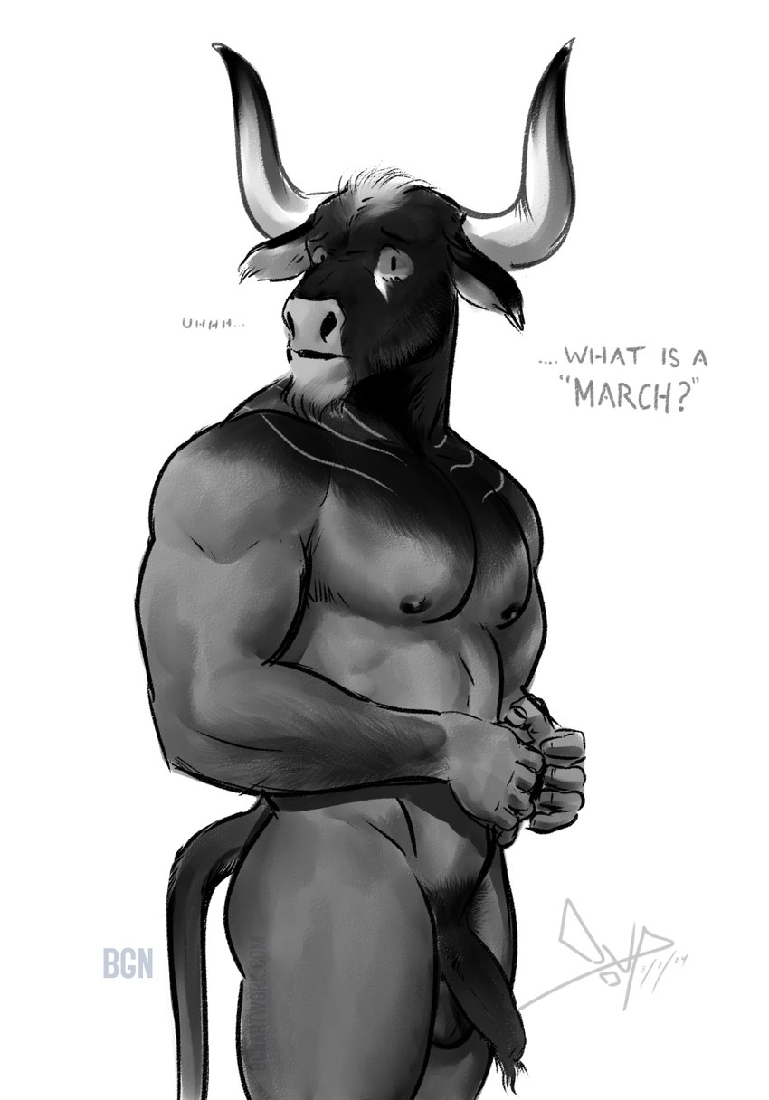 abs anthro arm_hair asking balls beard biceps body_hair butt chest_hair deltoids dialogue facial_hair facial_tuft fluffy_foreskin forearm_hair forearms furry_penis genitals hairy_penis hand_on_belly horn looking_at_viewer male manly markings muscular muscular_legs nude open_mouth pecs penis pubes side_view simple_background solo standing text triceps tuft uncertain white_background bgn european_mythology greek_mythology minotaur_march mythology asterion bovid bovine cattle mammal minotaur 2024 greyscale hi_res monochrome