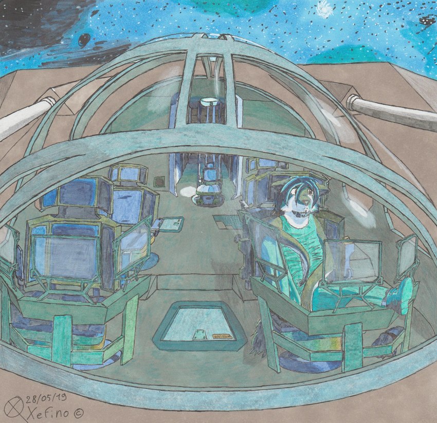 anthro blue_light lost_in_space_(ambigous) male no_energy science_fiction sitting solo space spacecraft vehicle waiting xefino the_adventure_of_xefino adrien_warmher artesian canid canine canis fox hybrid mammal wolf hi_res