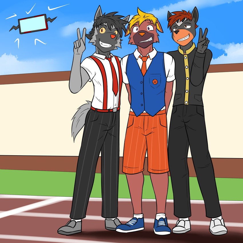 anthro anthrofied bottomwear cellphone clothed clothing collared_shirt electronics footwear fully_clothed gesture group hand_gesture male naranja_academy necktie orange_bottomwear orange_clothing orange_necktie orange_shorts outside pants phone pokemorph pose school_uniform shoes shorts smartphone suspenders taking_picture trio uniform v_sign fuze nintendo pokemon damien_(fuze) jawk_(fuze) pawl_(fuze) rotom_phone generation_2_pokemon generation_3_pokemon generation_4_pokemon generation_9_pokemon houndour maschiff pokemon_(species) poochyena rotom 1:1 hi_res