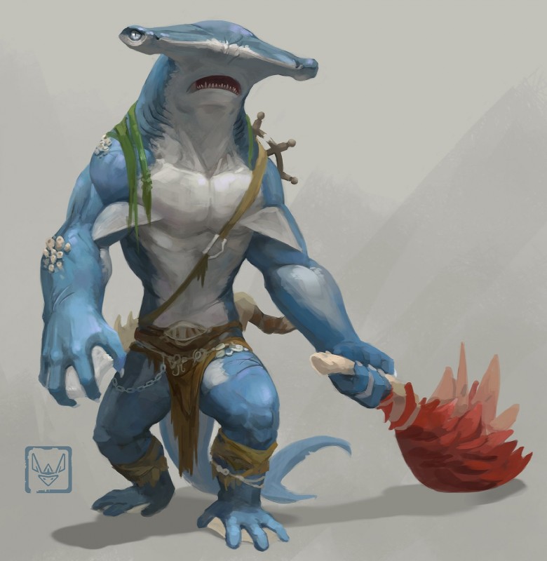 algae anthro bottomwear clothing feet fin gills holding_object holding_weapon loincloth male melee_weapon membrane_(anatomy) muscular muscular_anthro muscular_male scar simple_background solo teeth toes weapon webbed_feet webbed_hands white_background neungsonie fish ground_shark hammerhead_shark marine shark 2019 digital_media_(artwork) hi_res