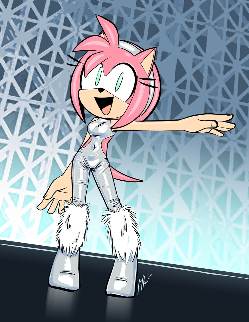 5_fingers alternate_costume anthro bare_hands biped boots clothing eyelashes female fingers footwear fur glistening glistening_clothing green_eyes long_eyelashes navel open_mouth open_smile pink_body pink_fur shoes smile solo standing tail thin_thighs lettuce_(artist) sega sonic_the_hedgehog_(series) amy_rose eulipotyphlan hedgehog mammal 2023 absurd_res dated hi_res signature