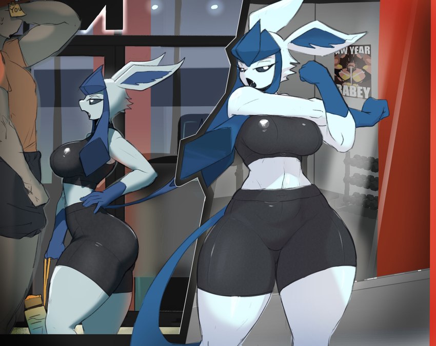 angry anthro athletic_wear biped black_clothing blue_body blue_fur blue_hands bottomwear breasts butt clothed clothing cross-body_shoulder_stretch duo female female_anthro fingers fur gym gym_bottomwear gym_shorts male open_mouth poster pupils shorts standing stretching thick_thighs white_pupils wide_hipped_female wide_hips artform42nd nintendo pokemon ych_(character) buzzwole eeveelution generation_4_pokemon generation_7_pokemon glaceon human mammal pokemon_(species) ultra_beast 2024 digital_media_(artwork)