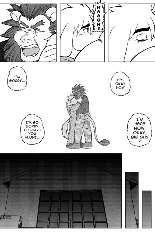 anthro biceps bodily_fluids crying dialogue male muscular pointy_speech_bubble puffy_speech_bubble speech_bubble tears text ryuu_majin canid canine canis domestic_dog felid lion mammal pantherine comic english_text greyscale hi_res monochrome