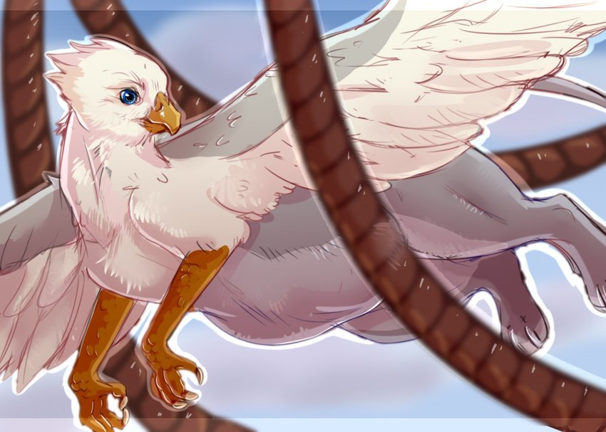 ambiguous_gender beak belly big_belly blue_eyes brown_rope feathers feral glistening glistening_eyes grey_body head_tuft mouth_closed rope side_view simple_background solo tuft white_body white_feathers roobin avian