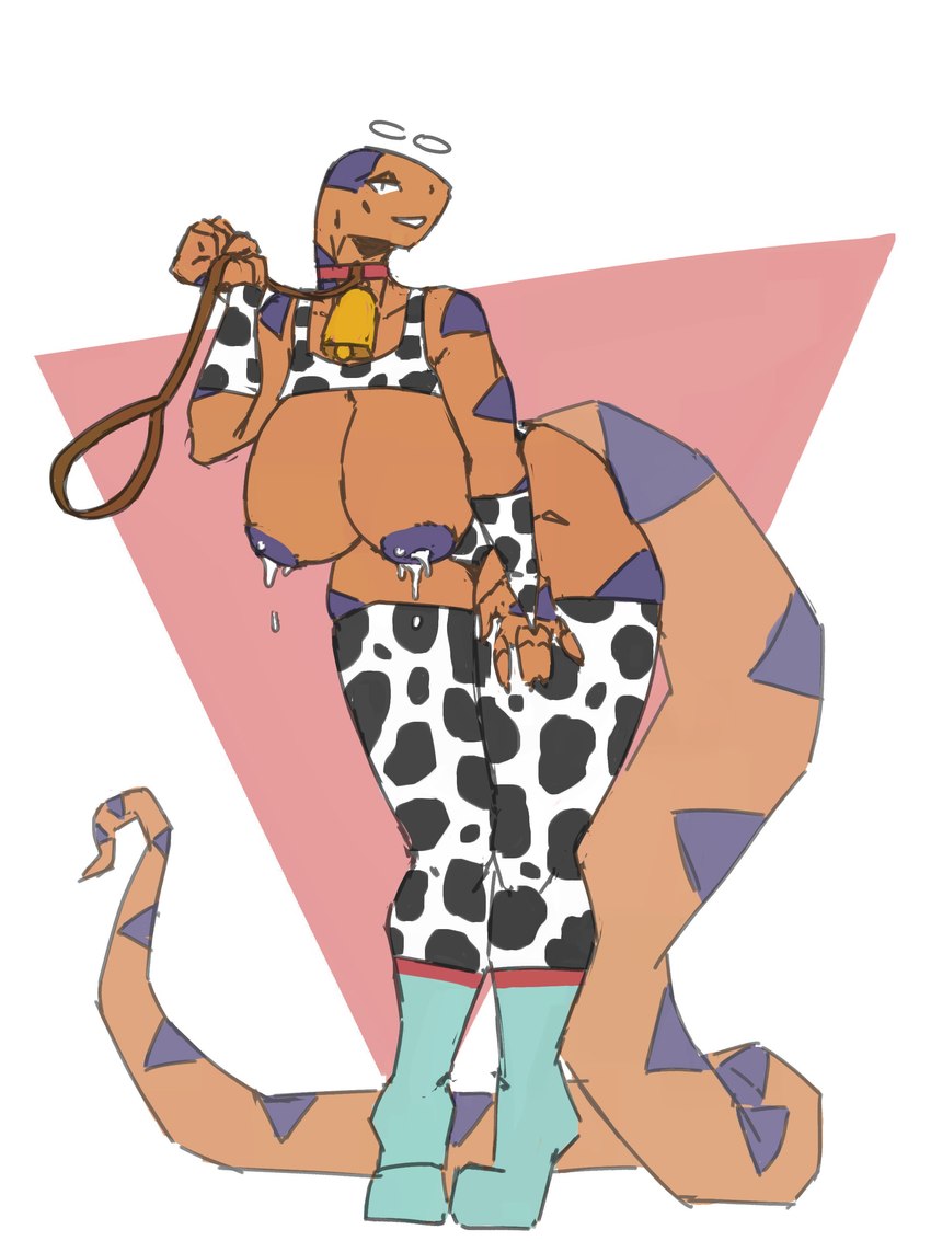 animal_print anthro bell bodily_fluids clothing collar cow_print cowbell female lactating legwear polygonal_background solo thigh_highs zed-s vanessa_(zed-s) reptile scalie snake 3:4 absurd_res hi_res