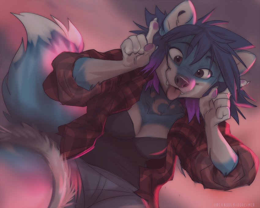 anthro blue_body blue_fur blue_hair breasts clothed clothing female fur hair open_mouth smile solo tail teeth tongue koul savannah_(insperatus) canid canine fox mammal 2023 5:4 digital_media_(artwork)