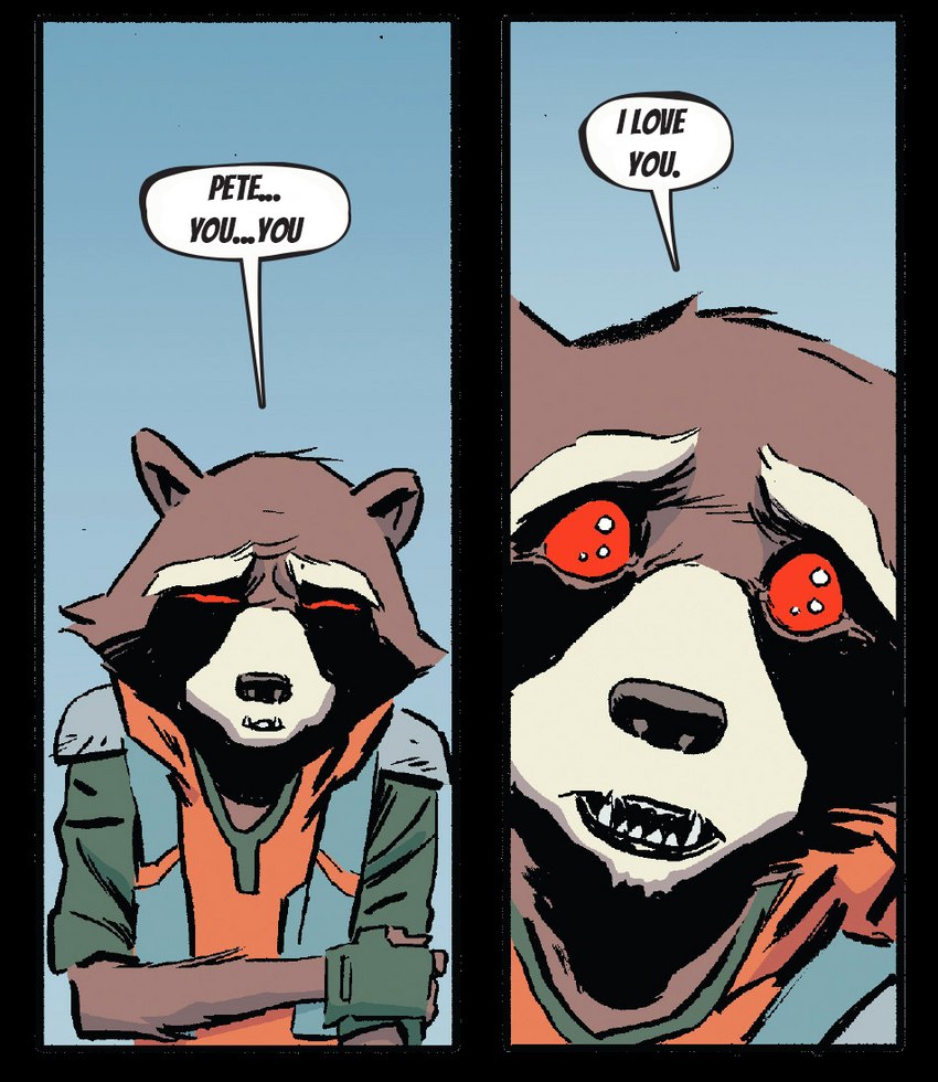 anthro black_nose blue_background brown_body brown_fur close-up clothing comic_panel confession dialogue emotional eyebrows fingerless_gloves fur gloves hand_on_arm handwear jacket love male nervous open_mouth red_eyes shy simple_background solo speech_bubble stuttering teeth text topwear unknown_artist guardians_of_the_galaxy marvel rocket_raccoon mammal procyonid raccoon english_text