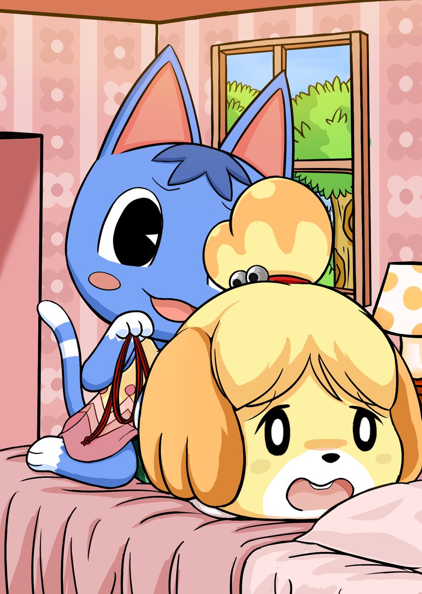 anthro bdsm bed blue_body blue_fur bondage bound clothed clothing dominant dominant_female dress duo female female/female female_dominating_female fur furgonomics furniture leash on_bed tail tail_through_skirt yellow_body yellow_fur emonga animal_crossing nintendo isabelle_(animal_crossing) rosie_(animal_crossing) canid canine canis domestic_cat domestic_dog felid feline felis mammal shih_tzu toy_dog hi_res