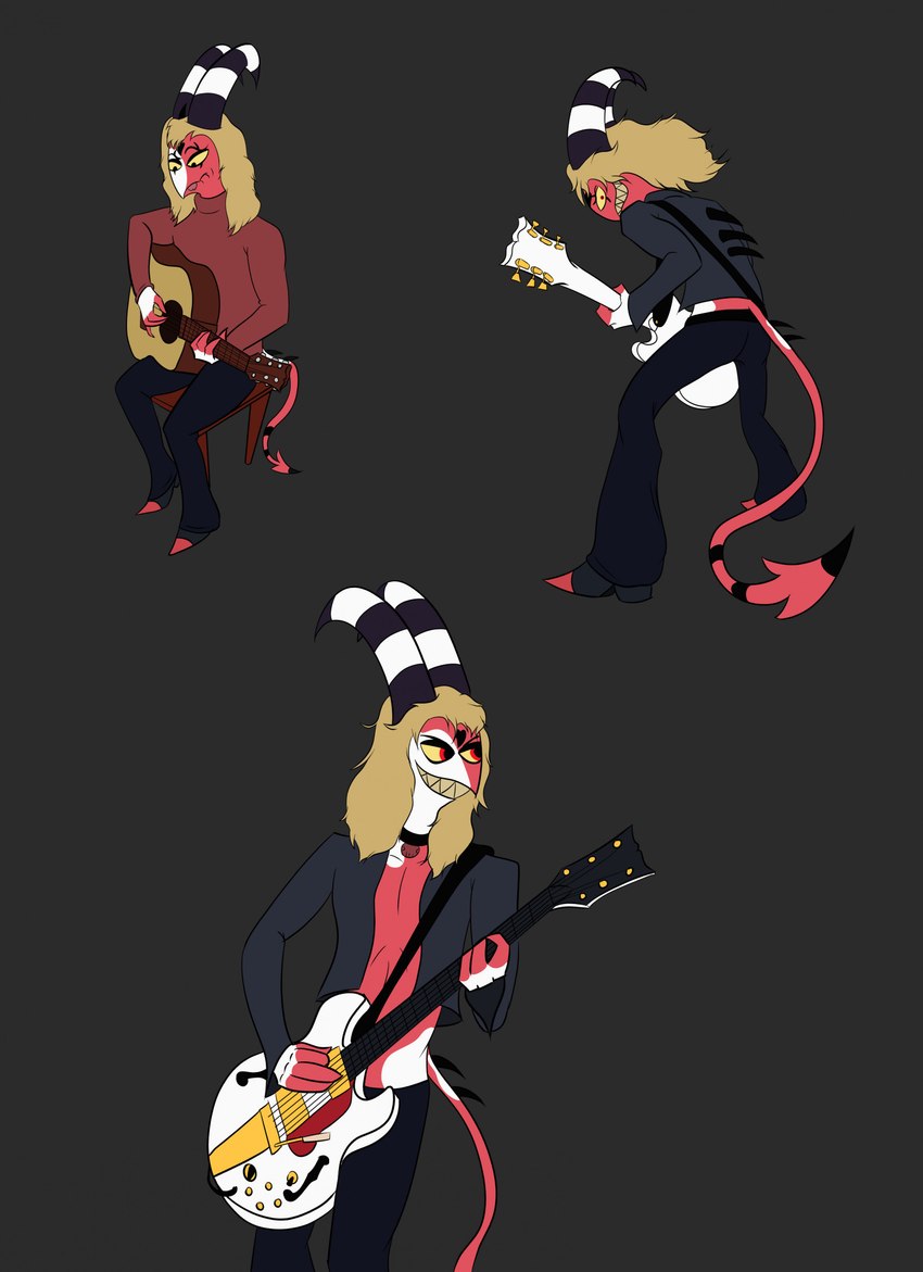 acoustic_guitar blonde_hair bolero_jacket guitar guitarist hair male musical_instrument musician plucked_string_instrument solo string_instrument reachahighernoon gibson gibson_es helluva_boss rush_(band) blitzo_(helluva_boss) demon humanoid imp hi_res