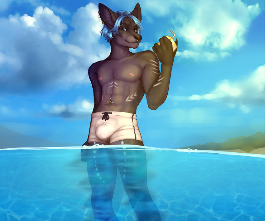 5_fingers abs anthro black_body black_fur bodypaint bulge chevron_(marking) clothing ear_piercing facial_piercing feet fingers fur furgonomics hair male markings navel navel_piercing nipples nose_piercing piercing solo swimming_trunks swimwear teal_eyes teal_hair white_clothing esterr_(artist) kali_(ashnurazg) kangaroo macropod mammal marsupial 2020 digital_media_(artwork)