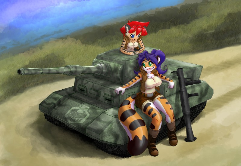 anthro big_breasts black_stripes blue_eyes bottomwear breasts clothed clothing duo female fur green_eyes hair huge_breasts multicolored_body multicolored_fur orange_body orange_fur purple_hair ranged_weapon red_hair rocket_launcher shirt shorts stripes tail tank_(vehicle) topwear two_tone_body two_tone_fur vehicle weapon white_body white_fur nekonny caribbean_blue las_lindas tiggs tina_(caribbean_blue) felid mammal pantherine tiger