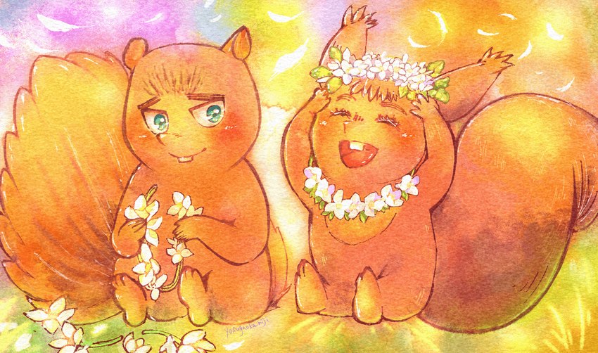 anthro biped blush brown_body duo eyes_closed flower happy open_mouth plant sitting yosugaoka gamba_no_bouken gamba_no_bouken_(series) creek_(gamba_no_bouken) iena mammal rodent sciurid tree_squirrel 2020