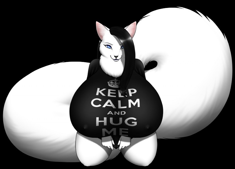 anthro big_breasts big_tail black_hair blue_eyes breasts clothing female fur hair huge_breasts looking_at_viewer nipples shirt smile solo tail text topwear white_body white_fur lesang eclipse_(lesang) domestic_cat felid feline felis mammal alpha_channel hi_res