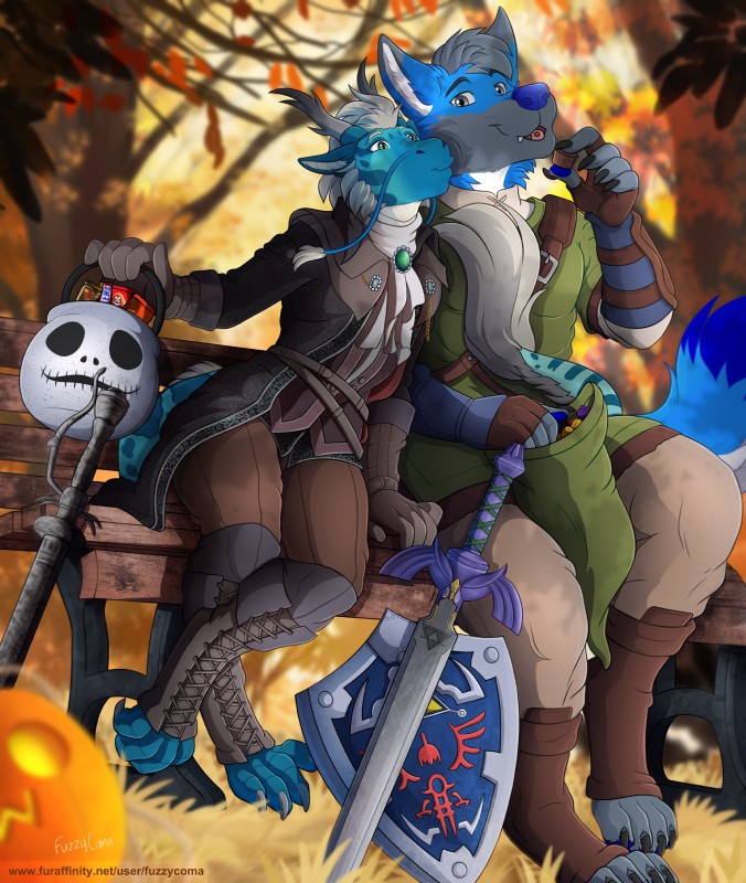 anthro armor autumn blue_body blue_fur candy chocolate clothed clothing cosplay costume dessert food fully_clothed fur holidays kissing leaf male melee_weapon outside smile sword tail text weapon fuzzycoma halloween mythology nintendo the_legend_of_zelda link princess_zelda shiro_haruhara umbrawolf aquatic_dragon canid canine canis dragon mammal marine mythological_creature mythological_scalie scalie wolf 2019 absurd_res digital_media_(artwork) hi_res url