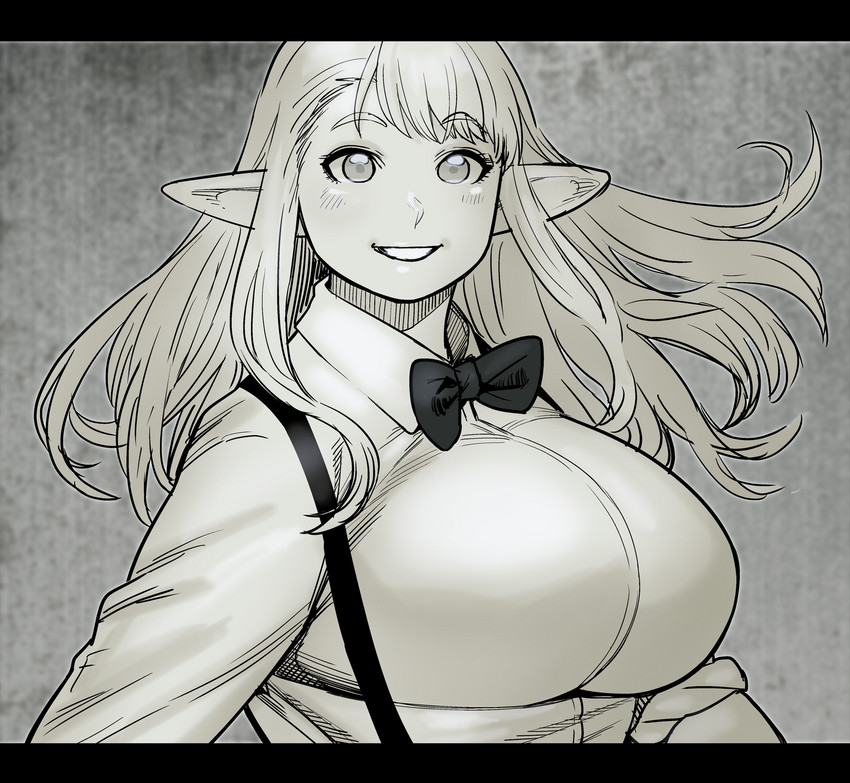 big_breasts bow_tie breasts clothed clothing cosplay female hair humanoid_pointy_ears long_hair looking_at_viewer not_furry open_mouth shirt smile solo topwear synecdoche plastic_love plus-sized_elf real_world elfuda_(plus-sized_elf) mariya_takeuchi elf humanoid mammal digital_media_(artwork) hi_res monochrome redraw