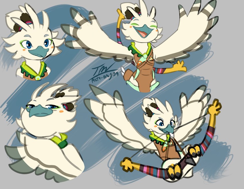 action_pose adolescent aiming_weapon anthro arm_markings arrow_(weapon) avian_feet barefoot beak biped blue_eyes bow_(weapon) capelet cheek_tuft claws clothed clothing digitigrade drawing_bowstring eyebrows facial_markings facial_tuft feather_hands feather_markings feather_tuft feathered_wings feathers feet green_capelet green_clothing green_facial_markings green_topwear grey_beak head_markings head_tuft holding_object holding_weapon looking_at_viewer male markings multicolored_body multicolored_feathers open_mouth orange_facial_markings orange_markings pose quiver_(object) ranged_weapon scuted_feet scutes shirt simple_background smile solo swallow_bow talons toes tongue topwear tuft tunic weapon white_body white_feathers wings young young_anthro prate-dragon nintendo tears_of_the_kingdom the_legend_of_zelda tulin_(tloz) avian bird rito 2023 colored digital_media_(artwork) hi_res signature