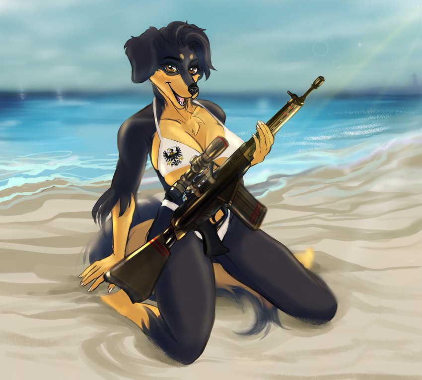 anthro beach bikini breasts cleavage clothed clothing countershading detailed_background female flag_bikini gun kneeling looking_at_viewer print_bikini print_clothing print_swimwear ranged_weapon rifle seaside smile solo swimwear teutonic two-piece_swimsuit weapon white_bikini white_clothing white_swimwear cinnameana lydia_von_blutsonne canid canine canis domestic_dog hovawart mammal hi_res