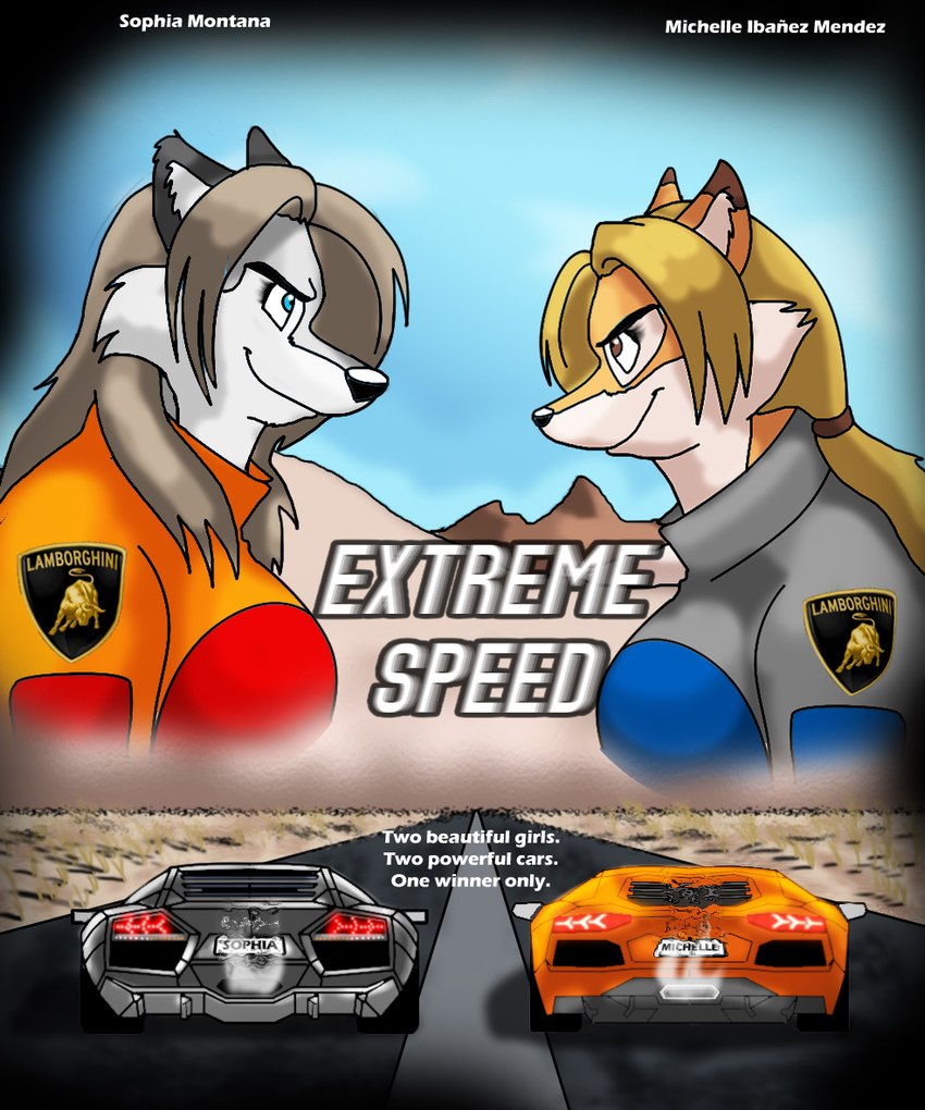 anthro blonde_hair blue_eyes breasts brown_hair car duo female fur grey_body grey_fur hair license_plate multicolored_body multicolored_fur race_car racing_suit road text two_tone_body two_tone_fur vehicle white_body white_fur xxsparcoxx electronic_arts lamborghini_aventador lamborghini_reventon need_for_speed michelle_(xxsparcoxx) sophia_(xxsparcoxx) canid canine canis fox mammal wolf 2014 digital_media_(artwork) english_text