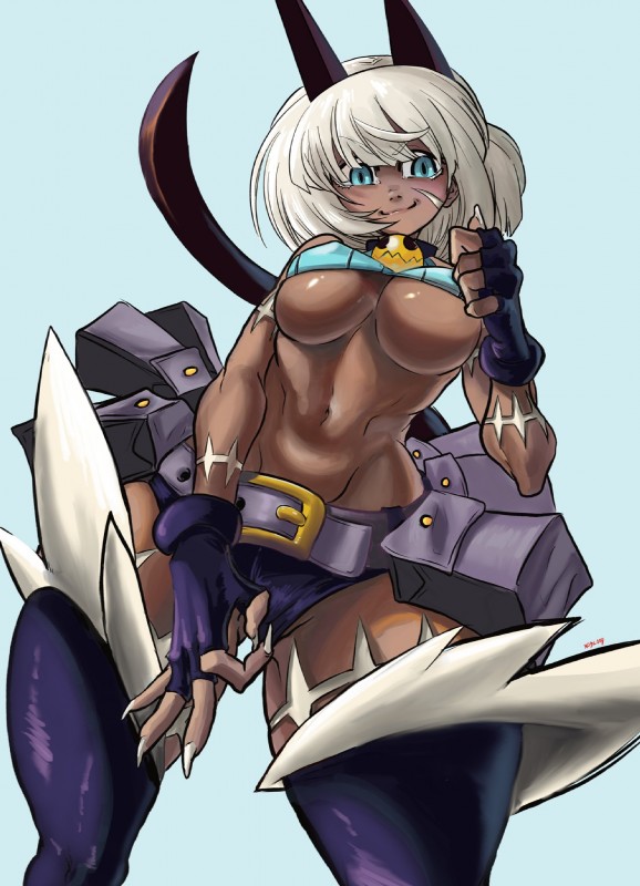 5_fingers big_breasts blue_eyes breasts clothing collar female fingerless_gloves fingers gesture gloves hair hand_gesture handwear nipple_outline ok_sign solo thick_thighs under_boob white_hair noblood circle_game skullgirls nadia_fortune animal_humanoid cat_humanoid felid felid_humanoid feline feline_humanoid humanoid mammal mammal_humanoid 2019 hi_res