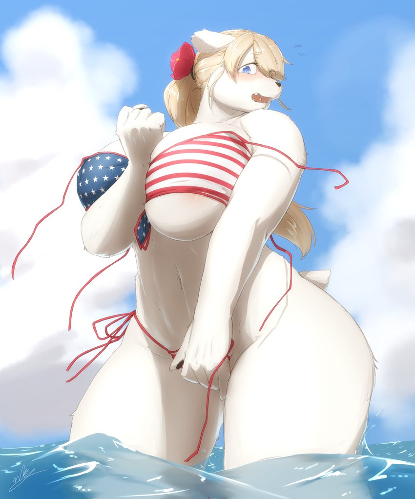 5_fingers accessory american_flag_bikini anthro back-tie_bikini back-tie_clothing back-tie_swimwear big_breasts bikini biped black_nose blonde_hair blue_eyes blush bodily_fluids breasts clothing cloud colored_edge_bikini covering covering_crotch covering_self curvy_figure day eyebrows female female_anthro fingers flag_bikini fur hair hair_accessory huge_breasts kemono navel neck-tie_bikini neck-tie_clothing neck-tie_swimwear open_mouth outside partially_submerged ponytail shocked side-tie_bikini side-tie_clothing side-tie_swimwear sky solo standing string_bikini sweat sweatdrop swimwear thick_thighs three-quarter_view two-piece_swimsuit under_boob untied_bikini voluptuous wardrobe_malfunction white_body white_fur wide_hips nakamura bear mammal polar_bear ursine 2022 5:6 absurd_res colored digital_media_(artwork) hi_res portrait shaded three-quarter_portrait