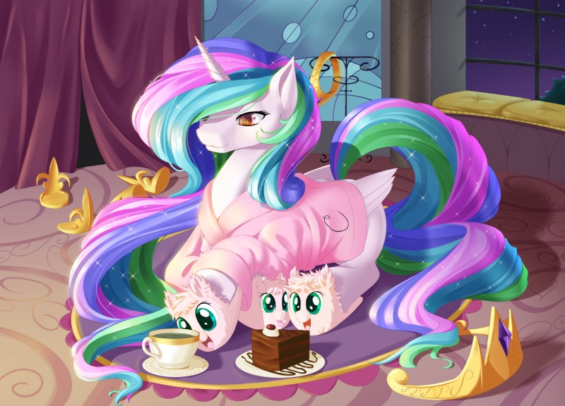 beverage cake clothing container crown cup dessert detailed_background feathered_wings feathers female feral food fur hair headgear high-angle_view horn inside jewelry multicolored_hair multicolored_tail necklace night purple_eyes rug smile solo star tail tea white_body white_feathers white_fur window wings dstears friendship_is_magic hasbro my_little_pony mythology fan_character fluffle_puff princess_celestia_(mlp) equid equine mammal mythological_creature mythological_equine winged_unicorn 2015 hi_res