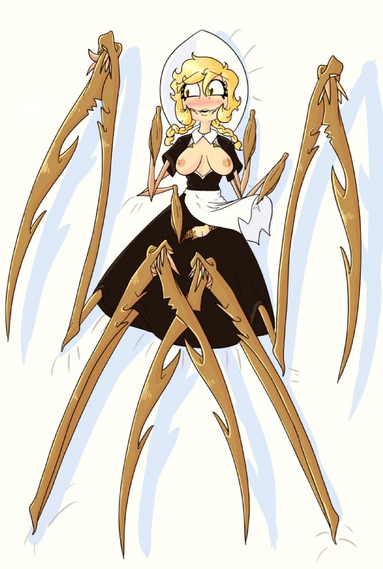 areola breasts clothing dakimakura dress eyelashes fangs female genitals hat headgear headwear heart_eyes heart_symbol lying monster_girl_(genre) nipples on_back pussy solo teeth torn_clothing thebigboi cliffside_(series) cordie_(cliffside) animal_humanoid arachnid arachnid_humanoid arthropod arthropod_humanoid humanoid 2018 dakimakura_design hi_res