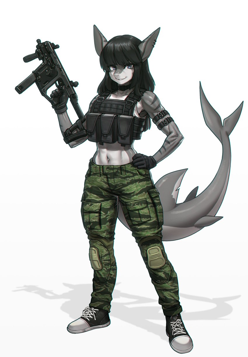 anthro arm_strap athletic athletic_female black_hair blue_eyes bottomwear camo camo_bottomwear camo_clothing camo_pants camo_print clothing collar collarbone crop_top ear_piercing ear_ring eyebrows eyelashes female footwear gloves grey_body gun hair hand_on_hip handwear kriss_vector looking_at_viewer midriff navel pants pattern_bottomwear pattern_clothing pattern_pants piercing pouches ranged_weapon ring_piercing shirt shoes solo striped_body stripes submachine_gun tail topwear weapon white_body pgm300 fish marine shark 2024 absurd_res hi_res