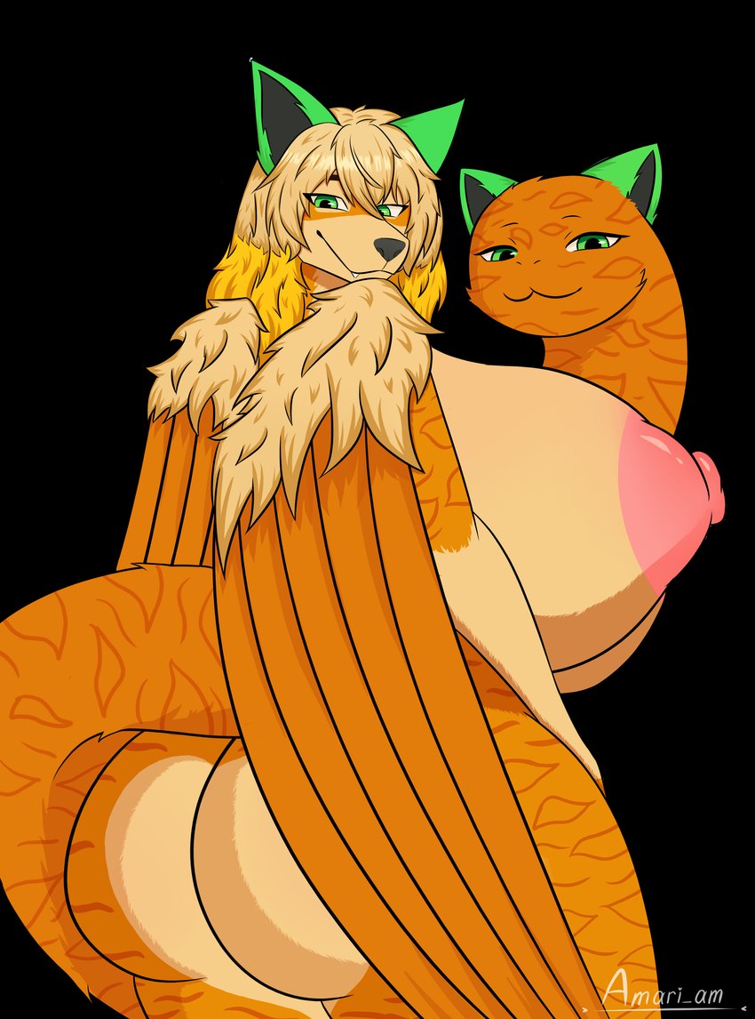 anthro areola big_breasts black_nose bodily_fluids breasts digitigrade duo female fur green_eyes hair huge_breasts living_tail markings multicolored_hair nipples nude open_mouth orange_hair orange_wings pink_areola pink_nipples solo tail tail_mouth tan_body tan_breasts tan_fur tan_wings two_tone_hair unusual_anatomy unusual_tail wings amari_am alsander ciaran_(tailmaw) felngo felnid felnidae mammal absurd_res alpha_channel hi_res male_(lore)