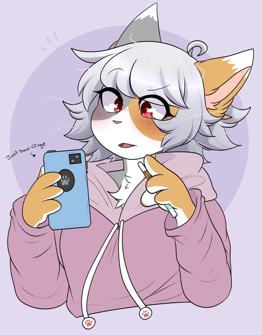 anthro cellphone clothed clothing dipstick_ears ear_markings electronics fur grey_body grey_fur hair holding_cellphone holding_object holding_phone hoodie multicolored_ears phone red_eyes solo topwear white_body white_fur white_hair yellow_body yellow_fur marbelle sapph arcanis_(hahaluckyme) calico_cat domestic_cat felid feline felis mammal absurd_res hi_res