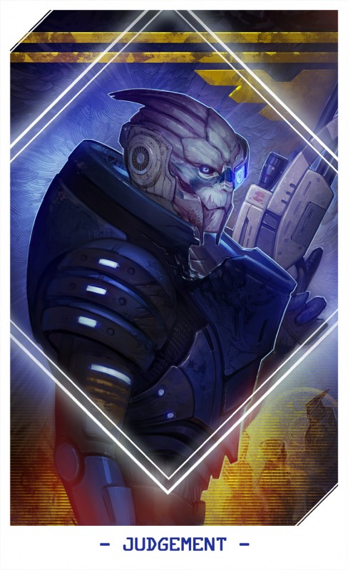 3_fingers abstract_background ambiguous_gender armor blue_eyes card card_template eyewear fingers fortune_telling grey_body group gun horn hud judgement_(tarot) major_arcana markings prosthetic ranged_weapon rifle scar solo_focus tarot tarot_card weapon alteya bioware electronic_arts mass_effect garrus_vakarian alien turian hi_res