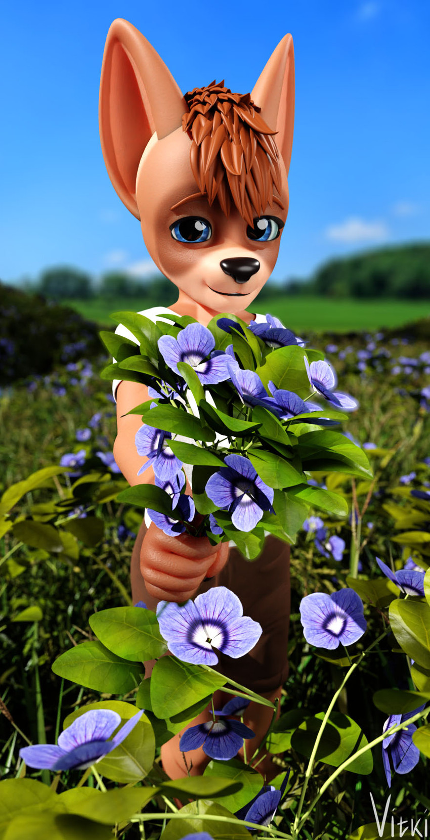 blue_eyes flower male outside plant smile solo vitki canid canine canis domestic_dog mammal 2020 3d_(artwork) digital_media_(artwork) hi_res signature