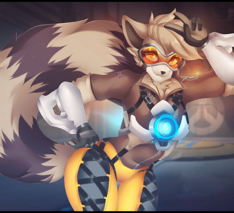 anthro black_bars black_nose brown_body brown_fur clothed clothing cosplay eyewear female footwear fully_clothed fur gloves goggles handwear looking_at_viewer midriff smile solo yellow_eyes weeniewonsh blizzard_entertainment overwatch ryai_(character) tracer_(overwatch) mammal procyonid raccoon 2018 digital_media_(artwork) letterbox