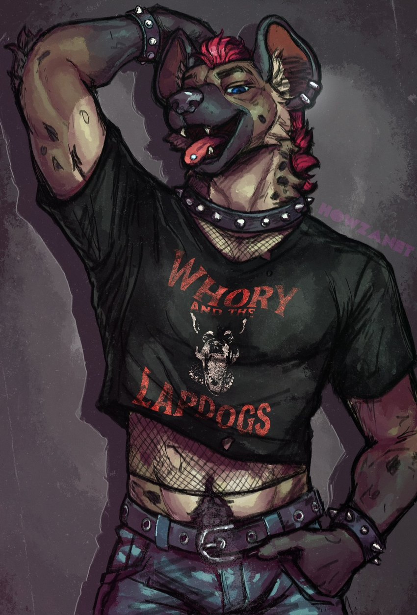 anthro belt bottomwear clothing fangs fur hair hand_in_pocket howzanet male pants piercing pockets pubes solo standing teeth tongue tongue_out tongue_piercing hyena mammal digital_drawing_(artwork) digital_media_(artwork) hi_res portrait