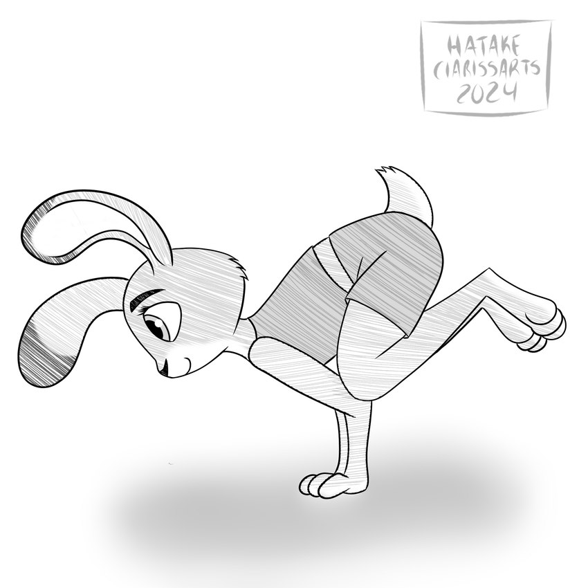 anthro ass_up athlete bottomwear clothed clothing dipstick_ears ear_markings exercise female multicolored_body multicolored_ears scut_tail shirt short_tail shorts smile solo tail topwear two_tone_body warmup yoga hatakeclarissarts disney inktober zootopia judy_hopps european_rabbit lagomorph leporid mammal oryctolagus rabbit 1:1 2024 greyscale hi_res monochrome