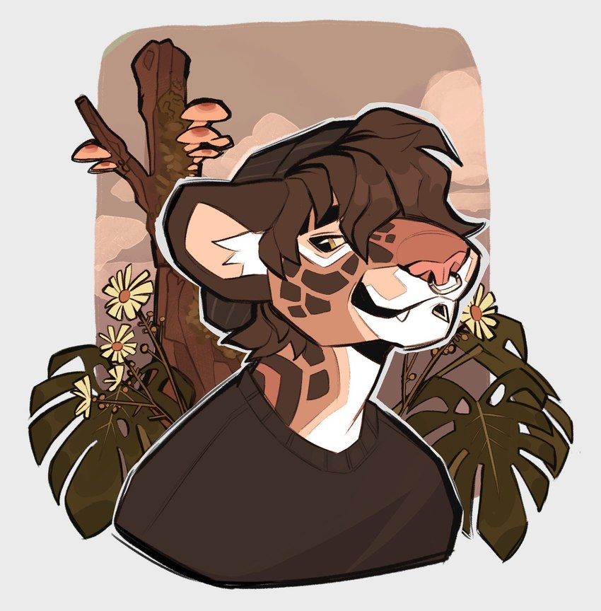 anthro brown_hair clothed clothing facial_piercing flower fungus hair inner_ear_fluff male mushroom nose_piercing nose_ring piercing plant ring_piercing solo tuft ramahuro camomila_(ramahuro) felid jaguar mammal pantherine hi_res nonbinary_(lore)