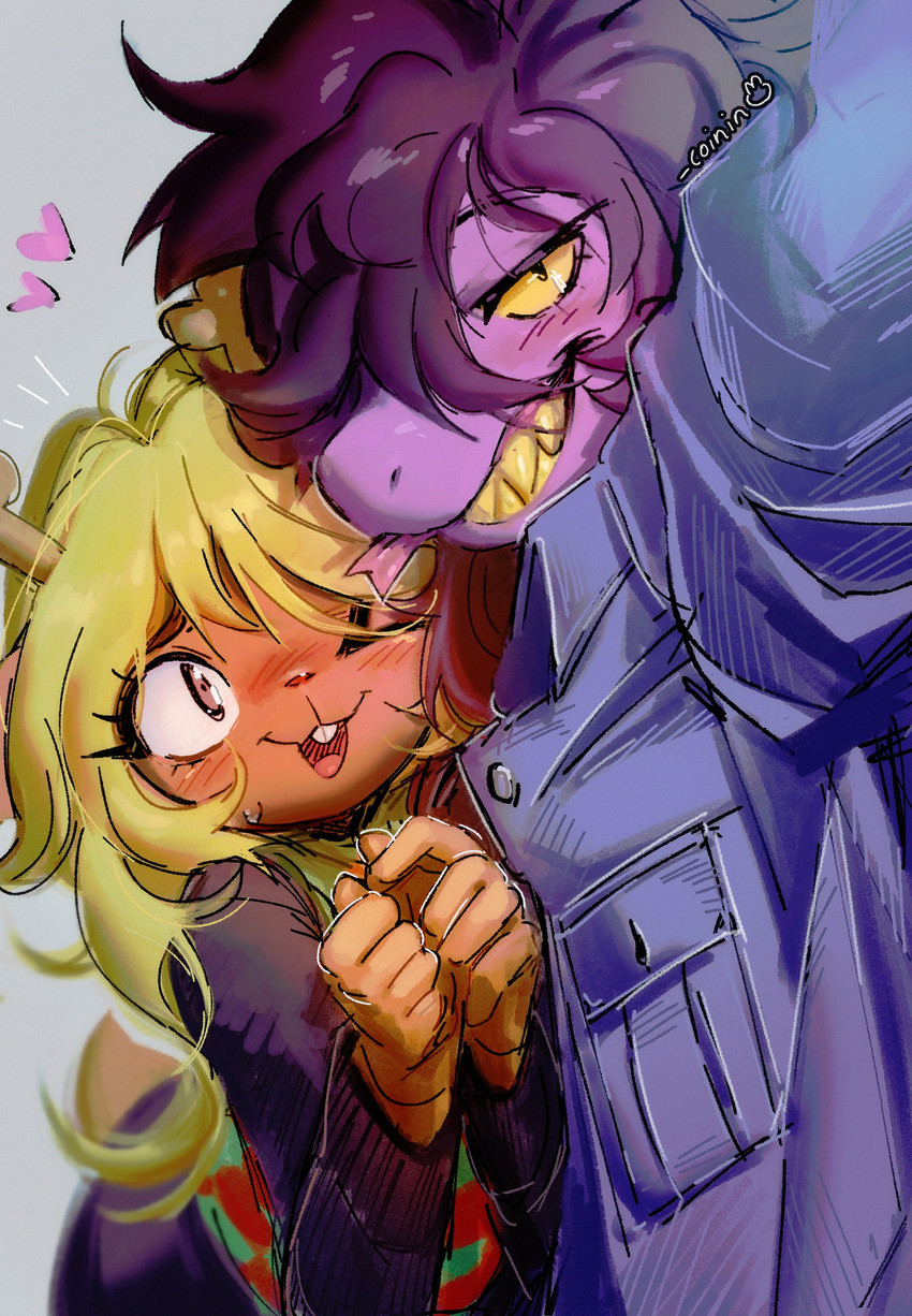 adolescent ambiguous_gender anthro antlers blonde_hair blush blush_lines brown_body brown_eyes buckteeth duo emanata eyebrows eyelashes fangs female female/female forked_tongue hair heart_symbol horn looking_at_viewer one_eye_closed one_eye_obstructed open_mouth purple_body purple_hair simple_background tail teeth tongue tongue_out toothy_grin yellow_sclera yellow_teeth young young_anthro young_female bunsidhe deltarune undertale_(series) noelle_holiday susie_(deltarune) cervine deer mammal scalie 2025 absurd_res hi_res signature female_(lore)