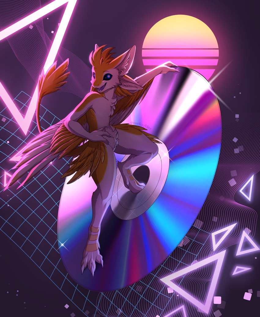 3_fingers 4_ears 4_toes anthro asexual_pride_colors blue_eyes claws fangs feather_hair feathers feet finger_claws fingers geometric_background grid_background hair inner_ear_fluff lgbt_pride looking_at_viewer male male_anthro multi_ear nude nude_anthro nude_male on_object open_mouth optical_disc optical_disk orange_body orange_ears orange_feathers orange_hair orange_wings pattern_background pride_colors pseudo_hair purple_insides purple_mouth purple_tongue scutes simple_background smile solo standing synthwave teeth toe_claws toes tongue triangle_(shape) tuft white_arms white_body white_claws white_fangs white_feathers white_inner_ear white_inner_ear_fluff white_legs white_wings wings yellow_scutes markyyblitz ravashi_(dynnie) avali avian 2023 absurd_res hi_res male_(lore)