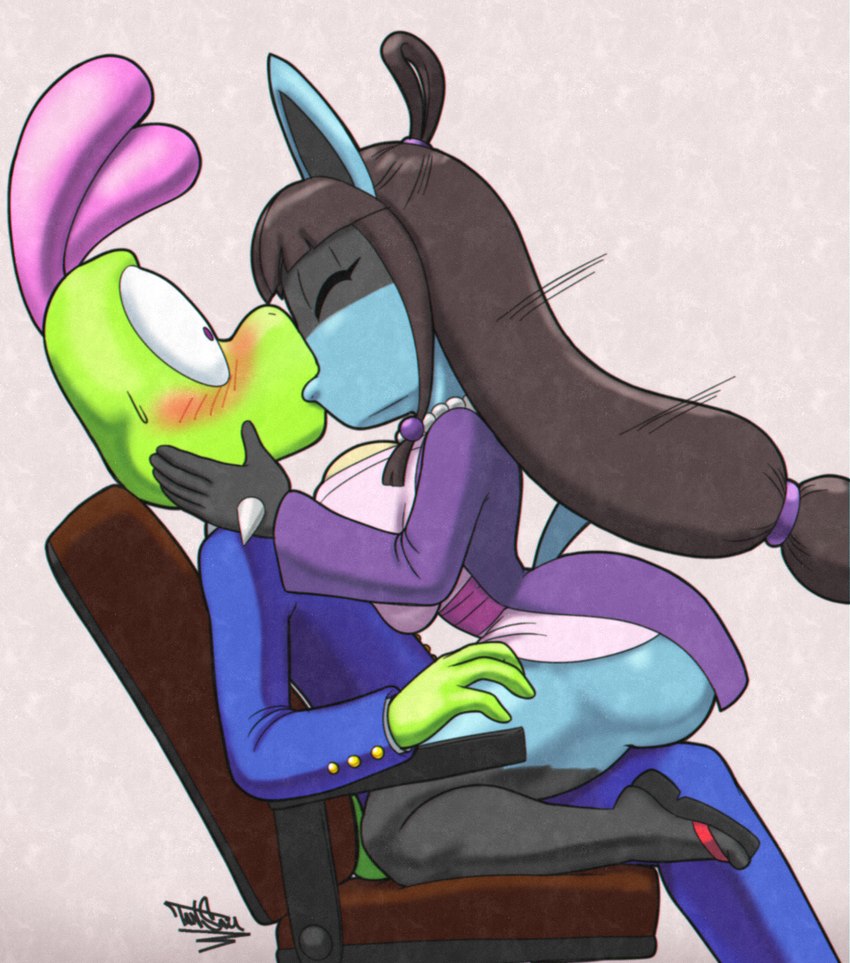 anthro anthro_on_anthro big_breasts blush breast_squish breasts clothing duo female footwear french_kissing kiss_on_lips kissing male male/female sandals shoes simple_background squish surprise_kiss tansau ace_attorney capcom nintendo pokemon jimmy_basil-lisk maya_fey generation_4_pokemon lucario pokemon_(species) hi_res signature