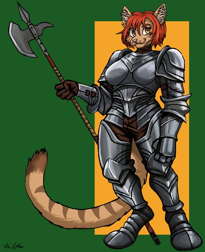 anthro armor breastplate clothed clothing female fully_clothed fur gauntlets gloves greaves hair halberd handwear holding_halberd holding_melee_weapon holding_object holding_polearm holding_weapon melee_weapon orange_body orange_eyes orange_fur polearm red_hair short_hair simple_background smile solo standing weapon thelivingshadow jess_blackwood domestic_cat felid feline felis mammal tabby_cat 2023 digital_media_(artwork) hi_res