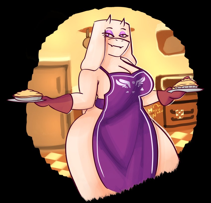 anthro apron apron_only big_breasts breasts cleavage clothed clothing eyelashes eyeshadow fangs female floppy_ears food fur gloves handwear holding_food holding_object horn lop_ears makeup mature_female pastry pie purple_apron purple_clothing purple_eyes purple_eyeshadow red_clothing red_gloves red_handwear simple_background smile solo teeth thick_thighs transparent_background white_body white_fur white_horn wide_hipped_female wide_hips mosunoru undertale undertale_(series) toriel boss_monster_(undertale) bovid caprine goat mammal absurd_res alpha_channel hi_res