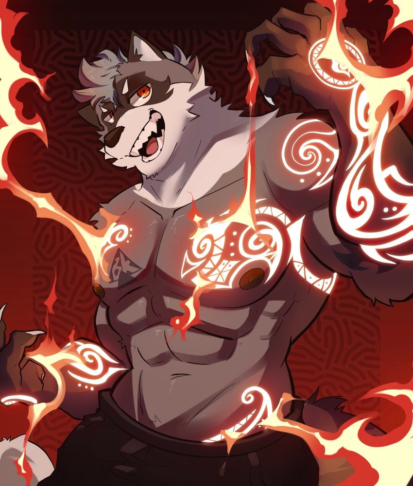 abs abstract_background anthro bottomwear claws clothed clothing glowing glowing_tattoo hair magic magic_user male muscular muscular_anthro muscular_male navel nipples open_mouth pants pecs red_background simple_background solo tattoo teeth topless topless_male rygel_spkb brandon_(rxccoon) mammal procyonid raccoon 2021 hi_res