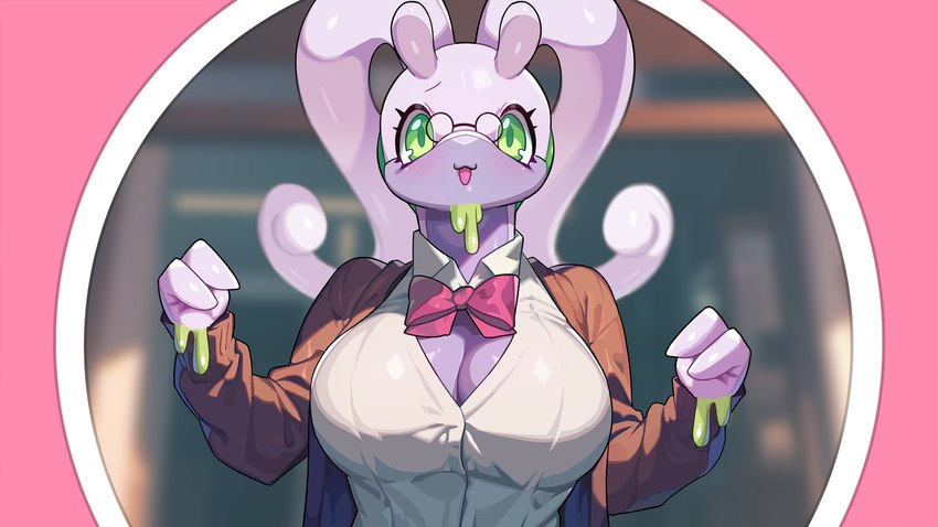 anthro big_breasts breasts brown_clothing brown_coat brown_topwear cleavage clothed clothing coat female green_eyes green_slime huge_breasts pink_body purple_body red_bow school_uniform shirt slime solo tight_clothing tight_shirt tight_topwear topwear uniform drunk_oak mythology nintendo pokemon dragon generation_6_pokemon goodra mythological_creature mythological_scalie pokemon_(species) scalie 16:9 digital_media_(artwork) hi_res widescreen