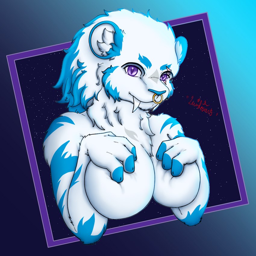 anthro blue_stripes breasts facial_piercing female hand_on_breast holding_breast nose_piercing nose_ring piercing purple_eyes ring_piercing solo stripes white_body levidos felid feline mammal pantherine tiger sabertooth_(disambiguation) 1:1 half-length_portrait hi_res portrait