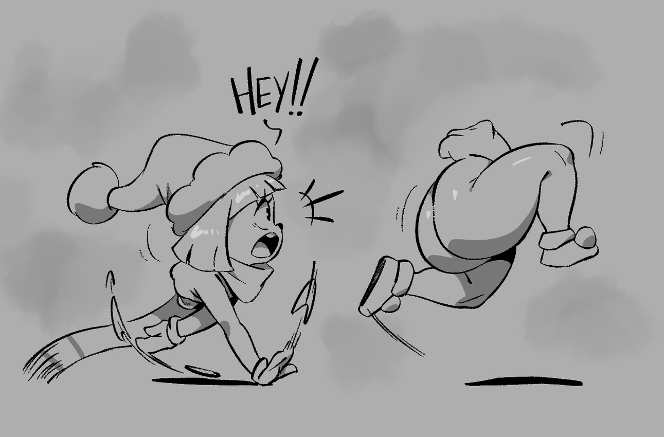 big_butt butt chasing christmas_clothing christmas_headwear clothing disembodied emanata female hair hat headgear headwear holidays running santa_hat scarf short_hair short_stack simple_background snow solo text thick_thighs wide_hips joaoppereiraus christmas holly_jollybum elemental_creature humanoid mineral_fauna snow_creature english_text half-length_portrait monochrome portrait sketch