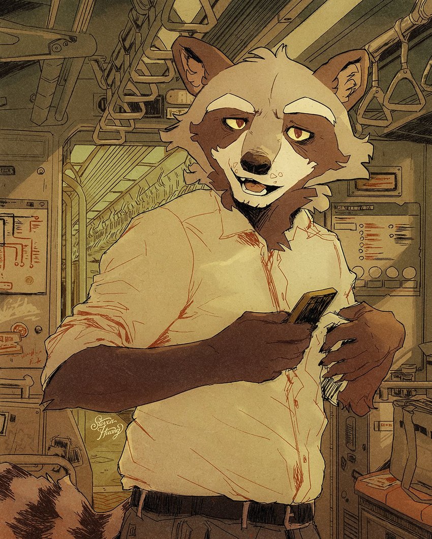 amazing_background anthro biped cellphone detailed_background electronics looking_at_viewer male office_worker phone smartphone solo standing train vehicle steven_huang mammal procyonid raccoon 2024 detailed hi_res warm_colors