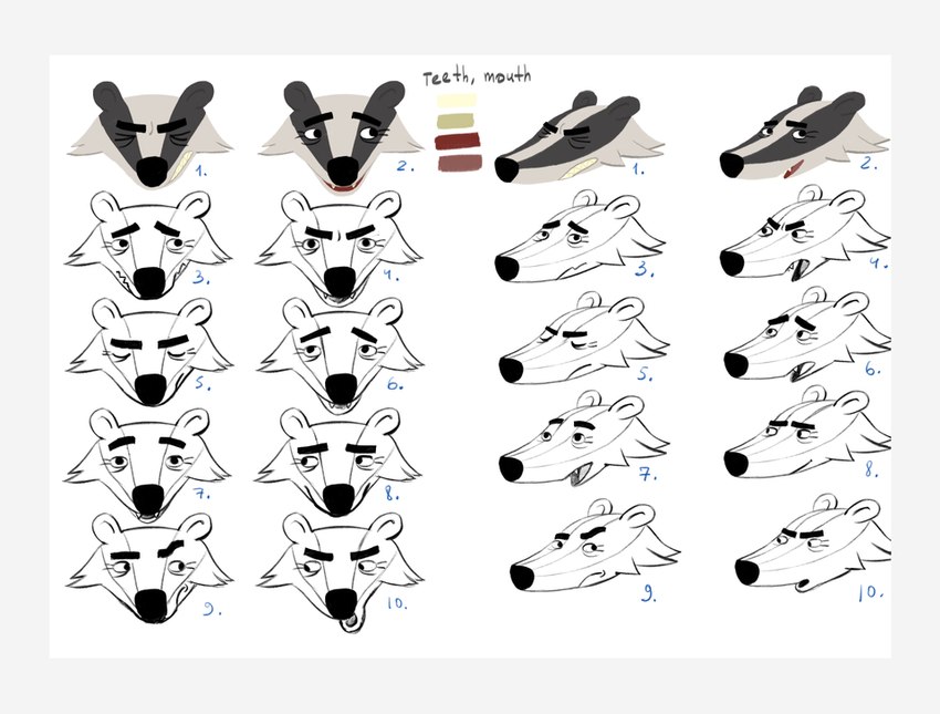 angry black_body black_nose border eyes_closed open_mouth sad simple_background solo surprised white_body white_border unknown_artist beastly_crimes beastly_crimes_(2024) chief_badger badger mammal mustelid musteline concept_art expression_sheet official_art