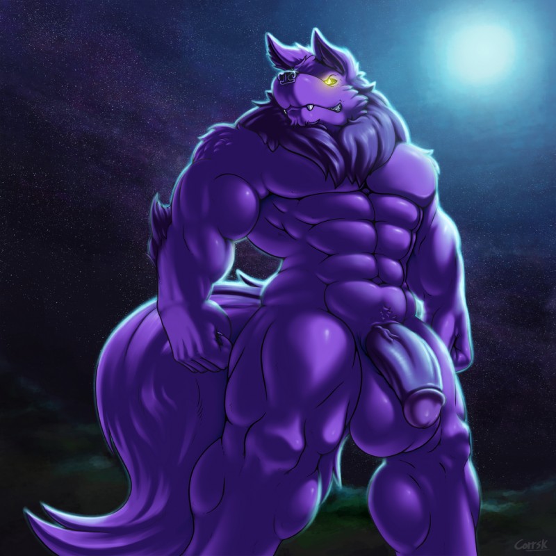 abs anthro arm_tuft balls biceps big_balls big_muscles big_penis big_tail biped black_lips black_sclera chin_tuft crotch_tuft detailed_background elbow_tuft facial_tuft fangs flaccid fluffy fluffy_tail fur genitals glowing glowing_eyes humanoid_genitalia humanoid_penis lips male moon muscular muscular_anthro muscular_male neck_tuft night nude outside pecs penis purple_body purple_fur shoulder_tuft sky smile solo standing star tail teeth thick_penis tuft yellow_eyes corrsk mythology kastral canid canine canis mammal mythological_canine mythological_creature werecanid werecanine werecreature werewolf wolf 1:1 2019 digital_media_(artwork) hi_res portrait three-quarter_portrait